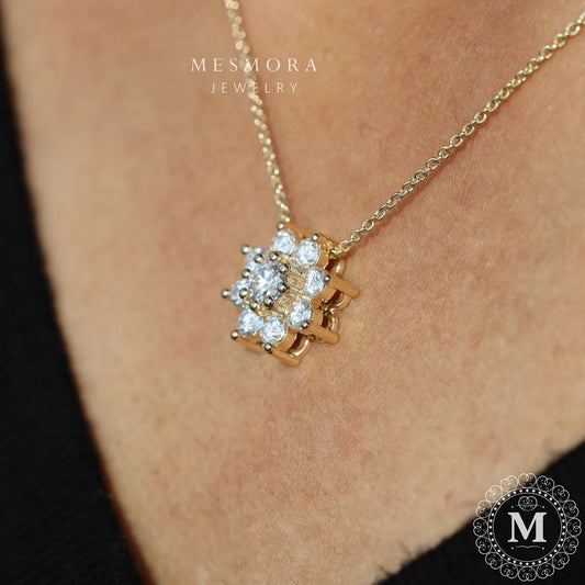 Flower Necklace Cluster Necklace For Hers Round Cut Moissanite Necklace Sunflower Necklace 14k Solid Gold Wedding Gift Necklace Promise Gift 10K Solid Rose Gold 14inch