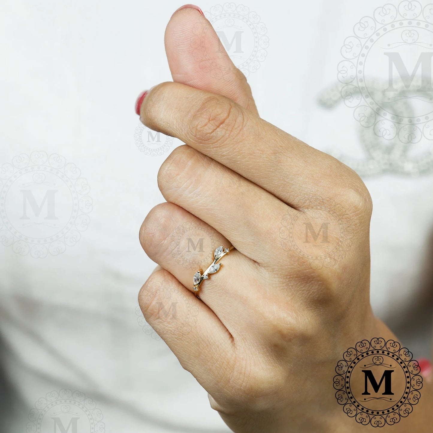 14K Solid Gold Leaf Ring Minimal Gold Ring Marquise Moissanite Leaf Band Dainty Vine Leaf Wedding Band Vintage Style Moissanite Ring for her 925 Sterling Silver 3US