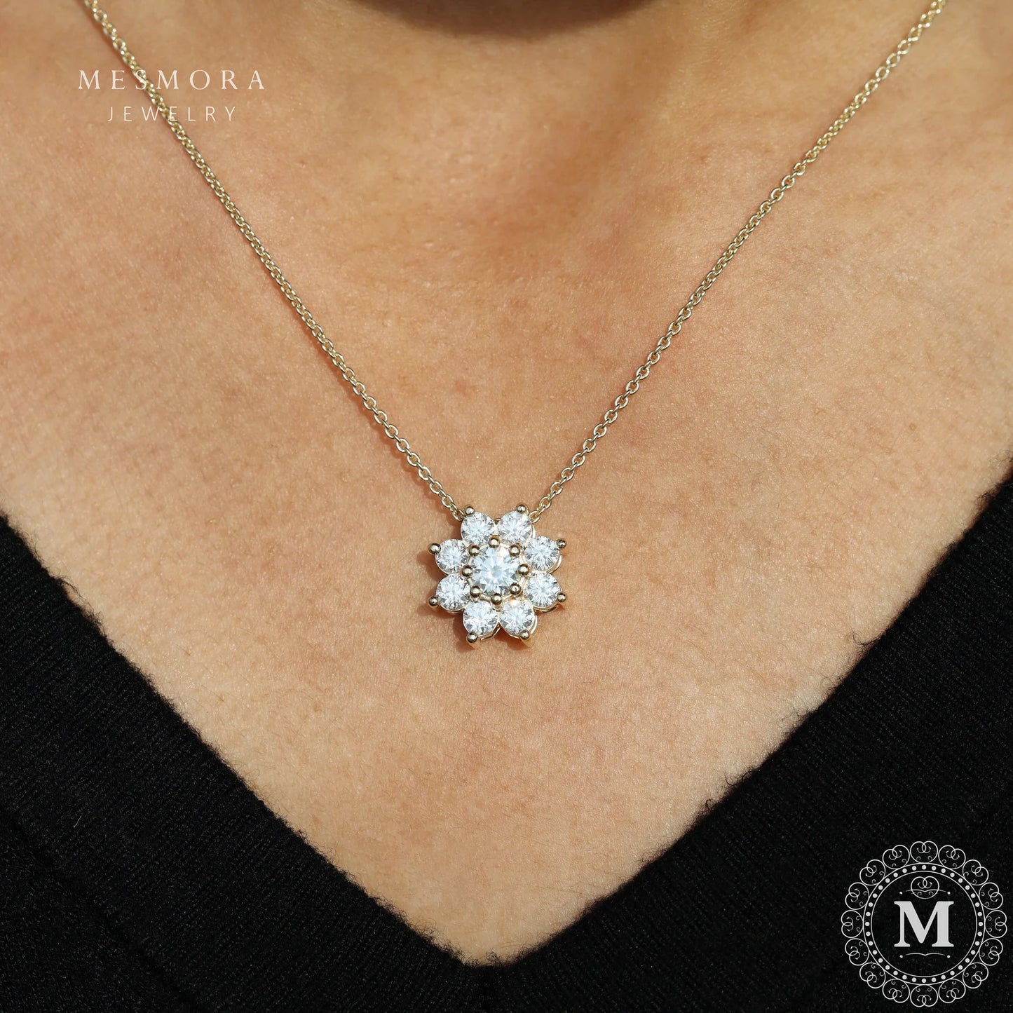 Flower Necklace Cluster Necklace For Hers Round Cut Moissanite Necklace Sunflower Necklace 14k Solid Gold Wedding Gift Necklace Promise Gift 10K Solid Rose Gold No Chain