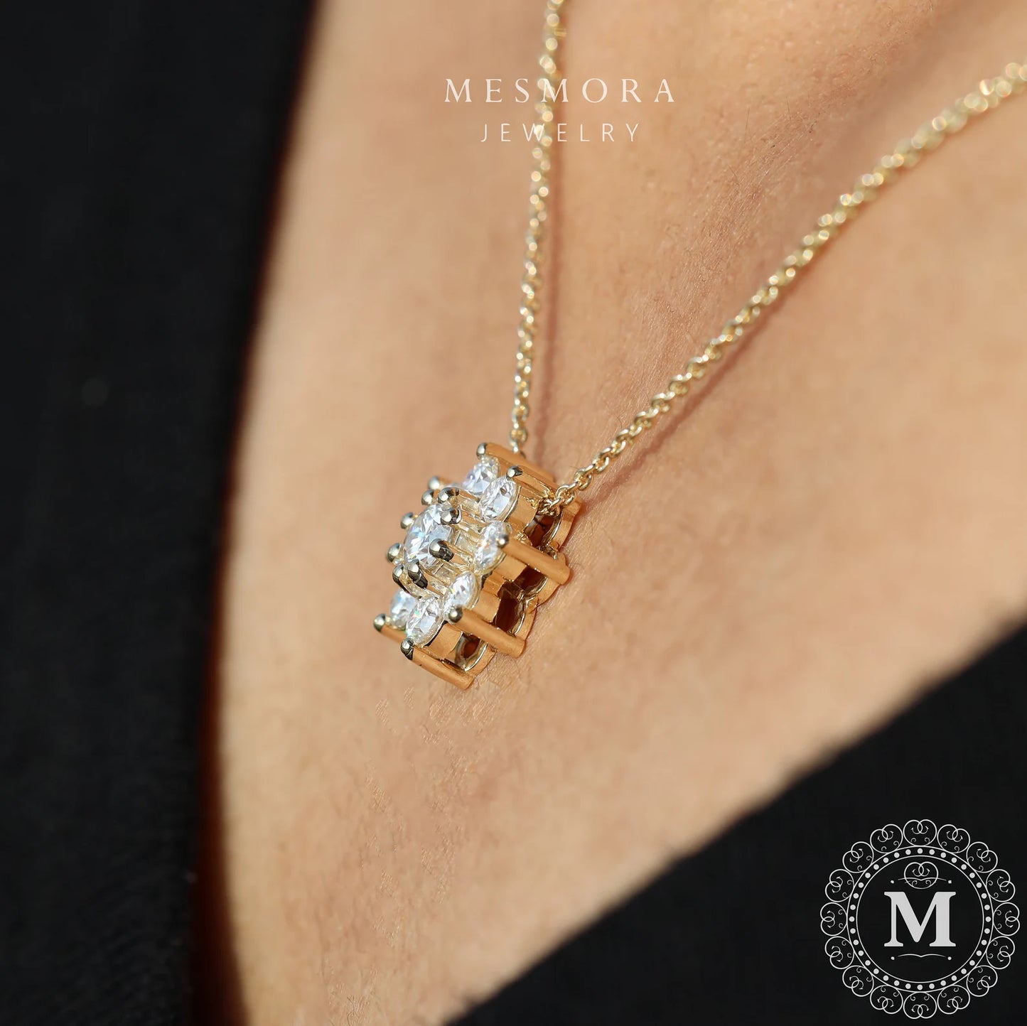 Flower Necklace Cluster Necklace For Hers Round Cut Moissanite Necklace Sunflower Necklace 14k Solid Gold Wedding Gift Necklace Promise Gift 10K Solid Rose Gold No Chain