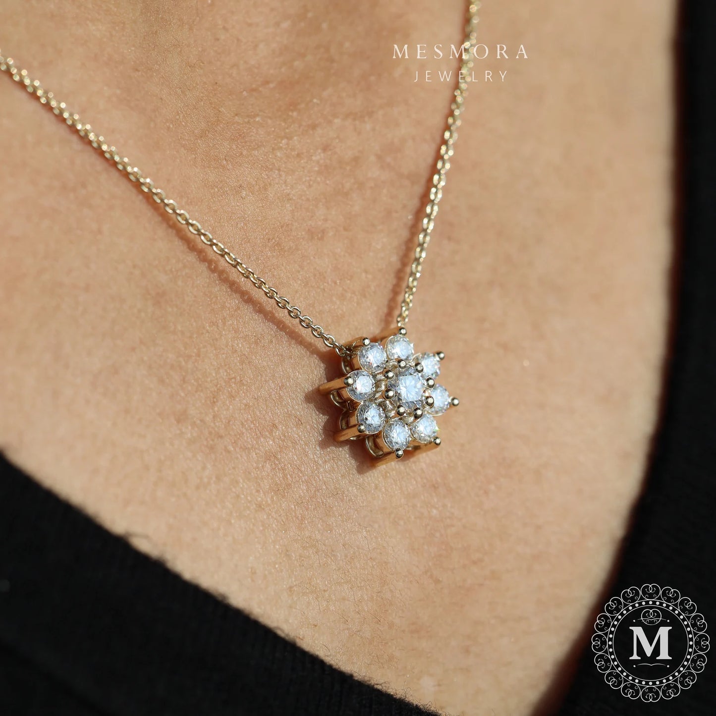 Flower Necklace Cluster Necklace For Hers Round Cut Moissanite Necklace Sunflower Necklace 14k Solid Gold Wedding Gift Necklace Promise Gift 10K Solid Rose Gold No Chain