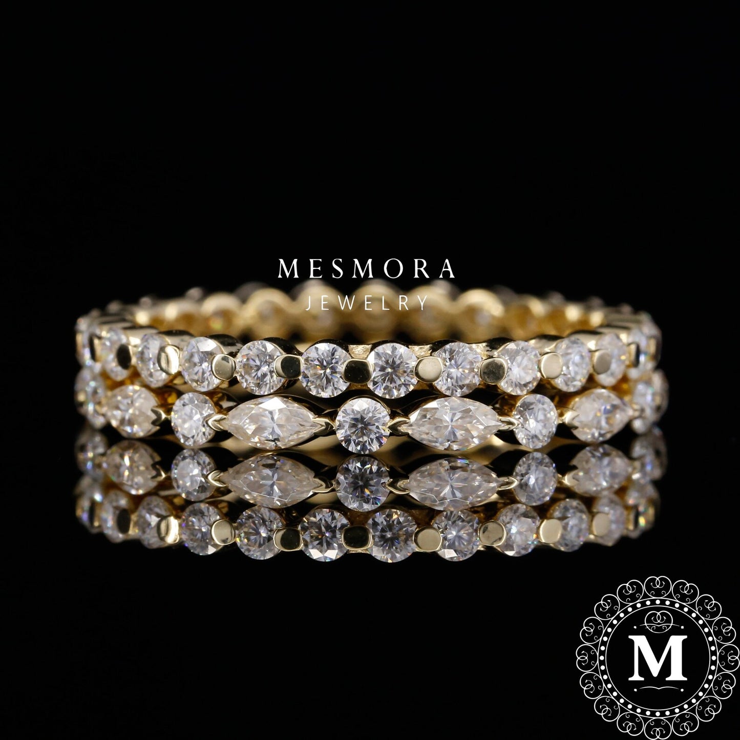 2MM Eternity with Marquise Diamond Stacking Scalloped band set Moissanite Band Set Engagement Band set Matching Bandwedding gifts 935 Argentium Silver 3US