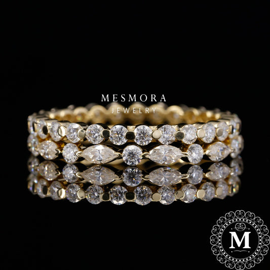 2MM Eternity with Marquise Diamond Stacking Scalloped band set Moissanite Band Set Engagement Band set Matching Bandwedding gifts 935 Argentium Silver 3.25US