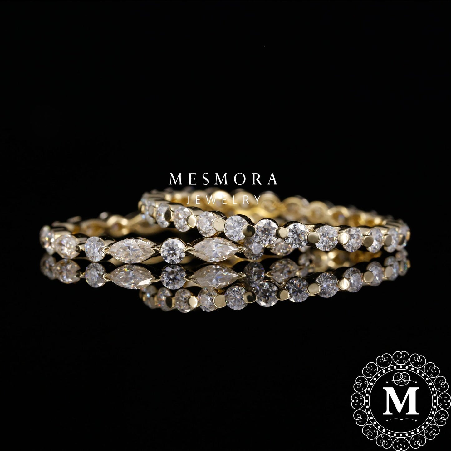 2MM Eternity with Marquise Diamond Stacking Scalloped band set Moissanite Band Set Engagement Band set Matching Bandwedding gifts 935 Argentium Silver 3US